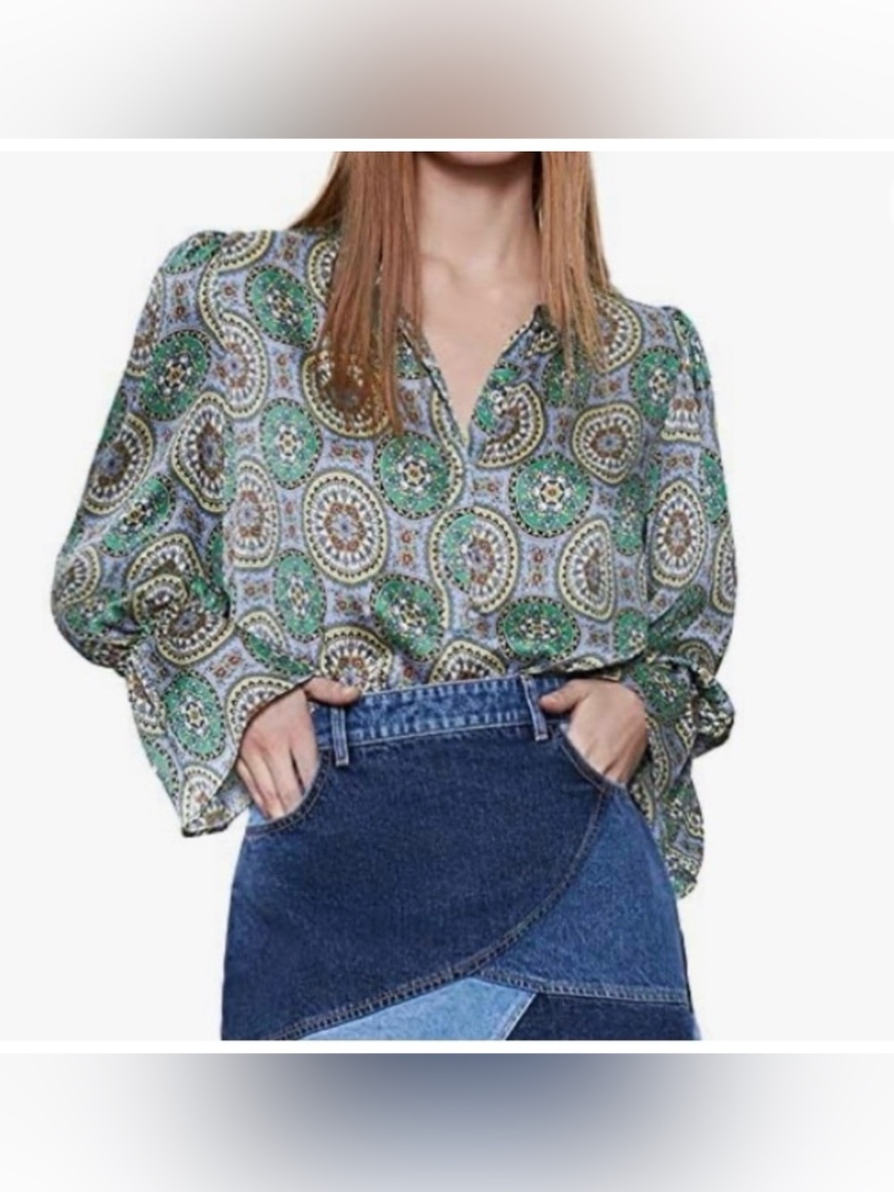 ZARA Womens Green Medallion Print V-Neck Blouse w/ Slightly Padded Shoulders